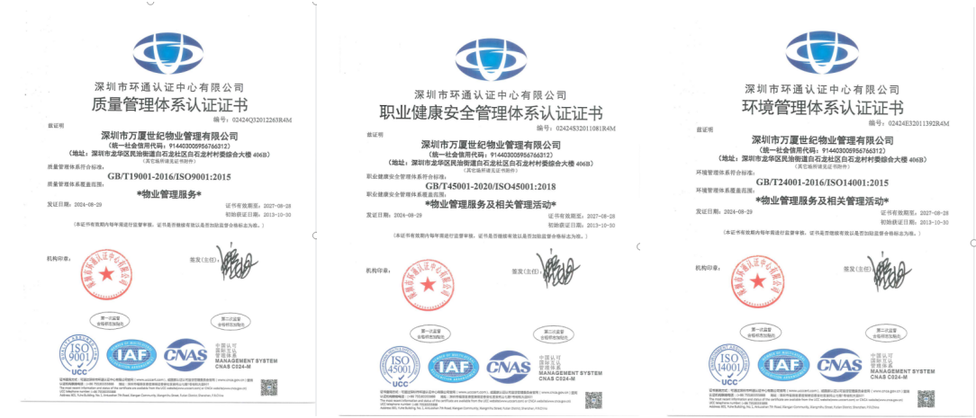 萬廈世紀物業質量、環境、職業健康安全管理體系認證證書